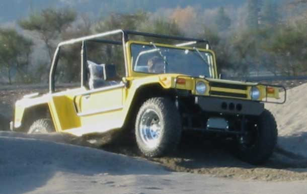 Front View of Raised Cage Resort Wombat Driving in Sand.